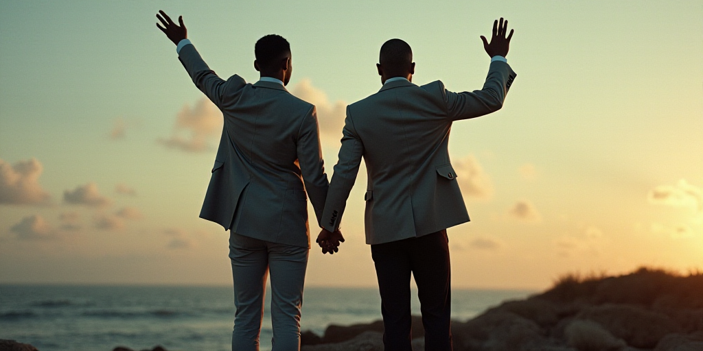 two men are standing together and one is holding his hand up to his head and the other is holding hi