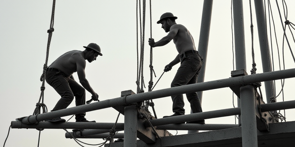 two men are working on a steel structure together with ropes and ropes attached to the structure and