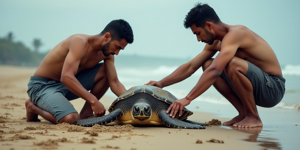 two men are working on a turtle in the sand on the beach, one of them is holding a tool, Basuki Abdu