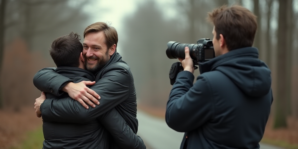 two men hugging each other while one man takes a picture of them with a camera and a cameraman, Eman