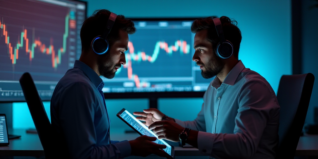 two men in a trading room looking at a tablet computer screen and talking to each other with headpho