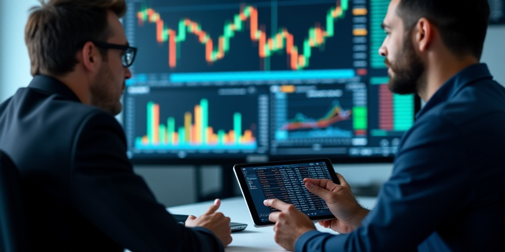 two men in a trading room looking at a tablet computer screen and a tablet pc screen with a stock ma