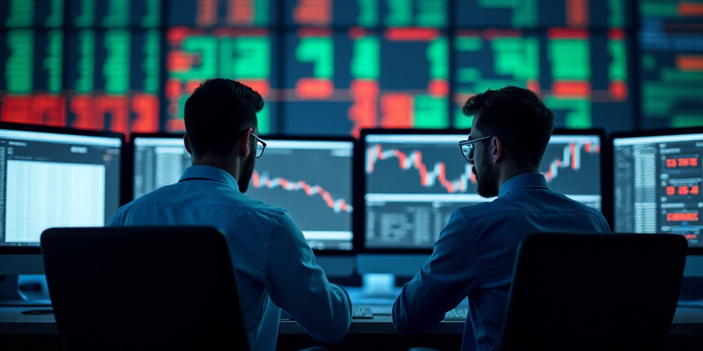two men in a trading room looking at a computer screen with a stock market on it's wall, Andries Sto