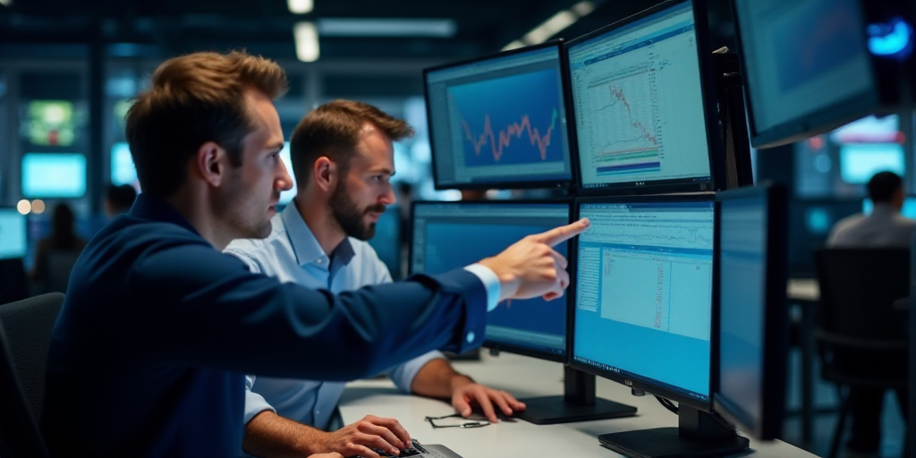 two men in a trading room looking at a computer screen and pointing at something on the monitor scre