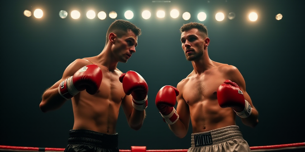 two men in boxing gloves standing next to each other in a ring with lights on the ceiling behind the