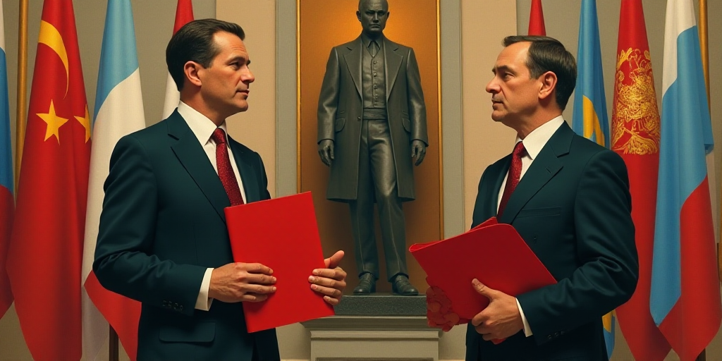 two men in suits and ties holding red folders in front of flags of different countries and a statue