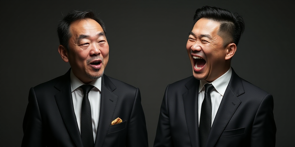 two men in suits and ties one is making a face and the other is making a face with his mouth open, D