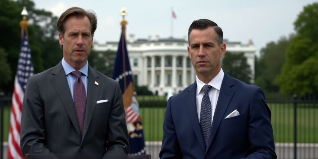 two men in suits and ties standing in front of a podium with a flag in the background and a white ho