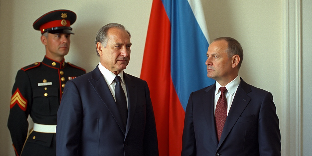 two men in suits and ties standing next to a flag and a soldier in uniform and a flag on a wall, Bor