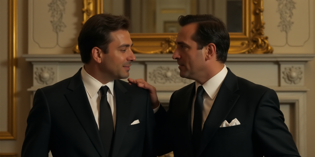 two men in suits are talking to each other in front of a fireplace with a gold and white design, De