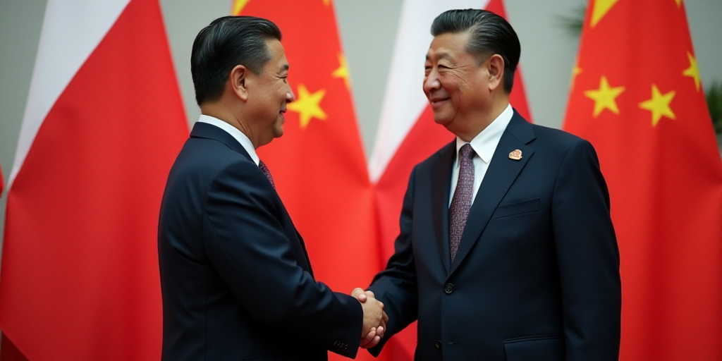 two men in suits shaking hands in front of a flag and a flag background with a red, white, and blue