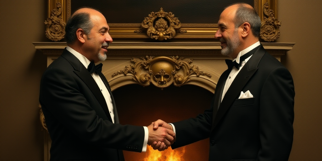 two men in suits shaking hands in front of a fireplace with a gold fire place behind them and a fire