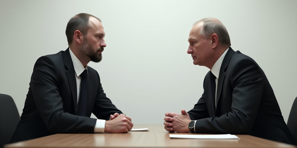 two men in suits sitting at a table with a white wall behind them and one of them is looking at anot