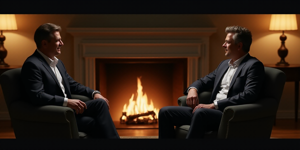 two men in suits sitting in chairs talking to each other in a room with a fireplace and a fire place