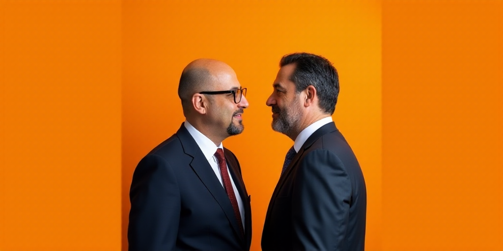 two men in suits standing next to each other in front of an orange background with the words el econ