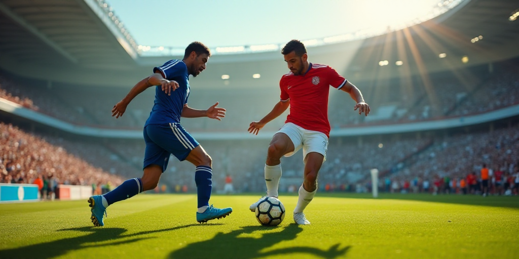 two men playing soccer against each other in a stadium with a crowd watching them from the stands an