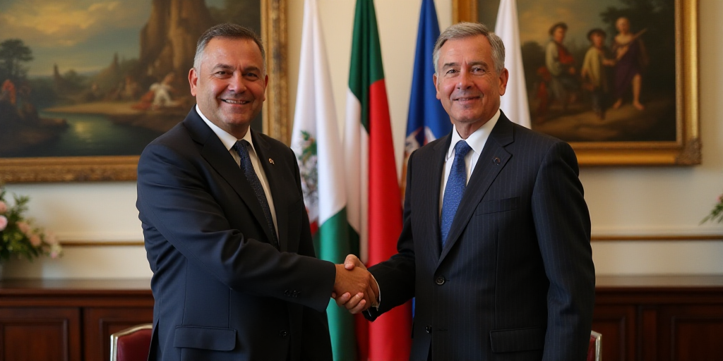 two men shaking hands in front of flags in a room with a wall of paintings behind them and a bird on