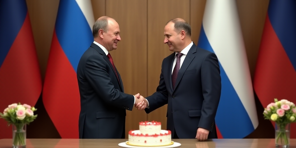 two men shaking hands in front of flags and a table with a cake on it and a vase with flowers, Boris