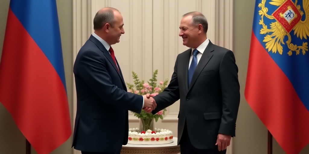 two men shaking hands in front of flags and a table with a cake on it and a vase with flowers, Boris