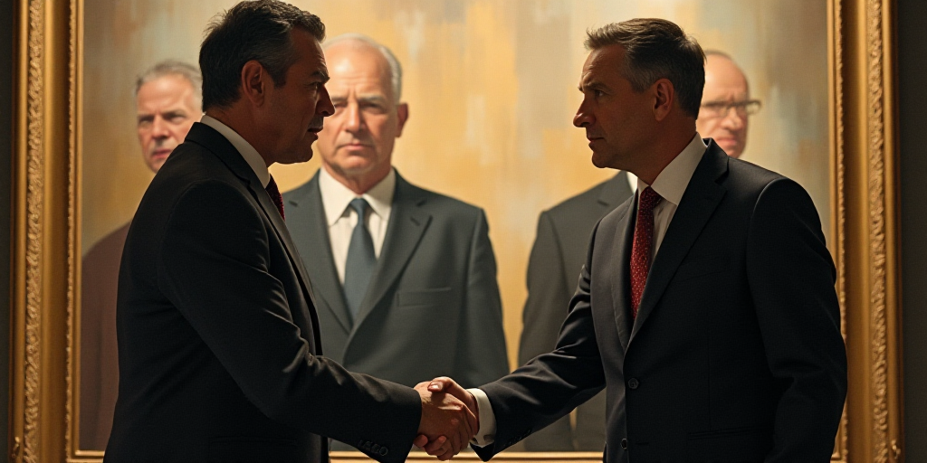 two men shaking hands in front of a painting of a man in a suit and tie and another man in a suit an