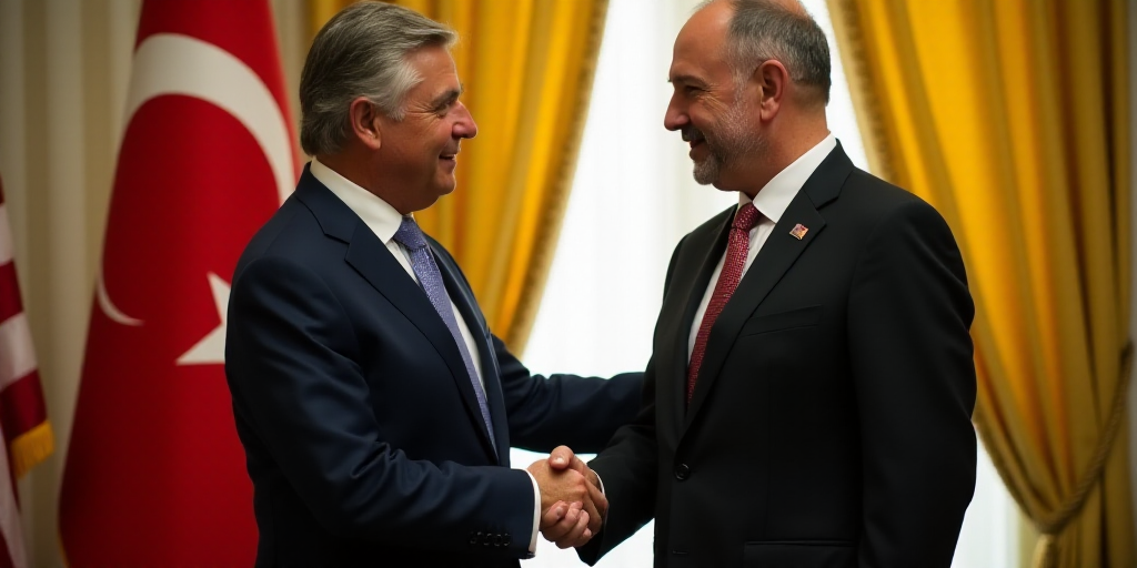 two men shaking hands in front of a flag and a curtain with a yellow drapes behind them and a yellow