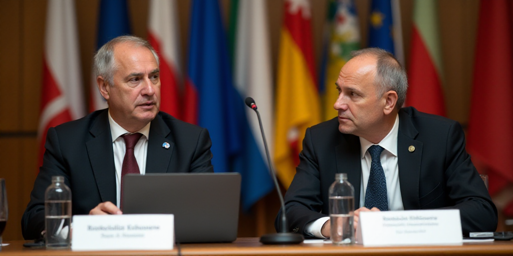 two men sitting at a table with flags behind them in a conference room with a microphone and a lapto