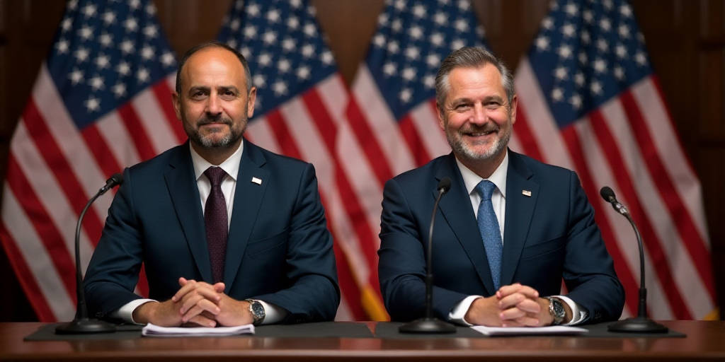 two men sitting at a table with microphones in front of them and american flags behind them in the b