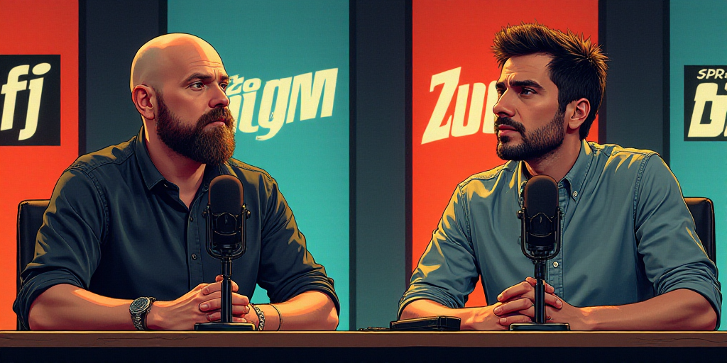 two men sitting at a table with microphones in front of them and a backdrop behind them with a logo,