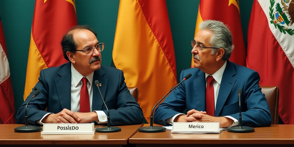 two men sitting at a table with flags behind them and a microphone in front of them with a microphon