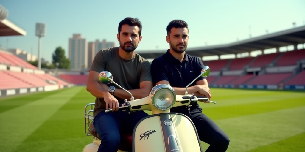 two men sitting on a scooter in a stadium with a field in the background and a stadium in the backgr