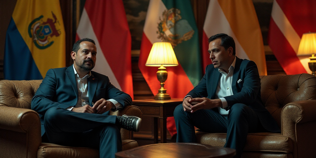 two men sitting on couches in a room with flags in the background and a table with a lamp, Federico