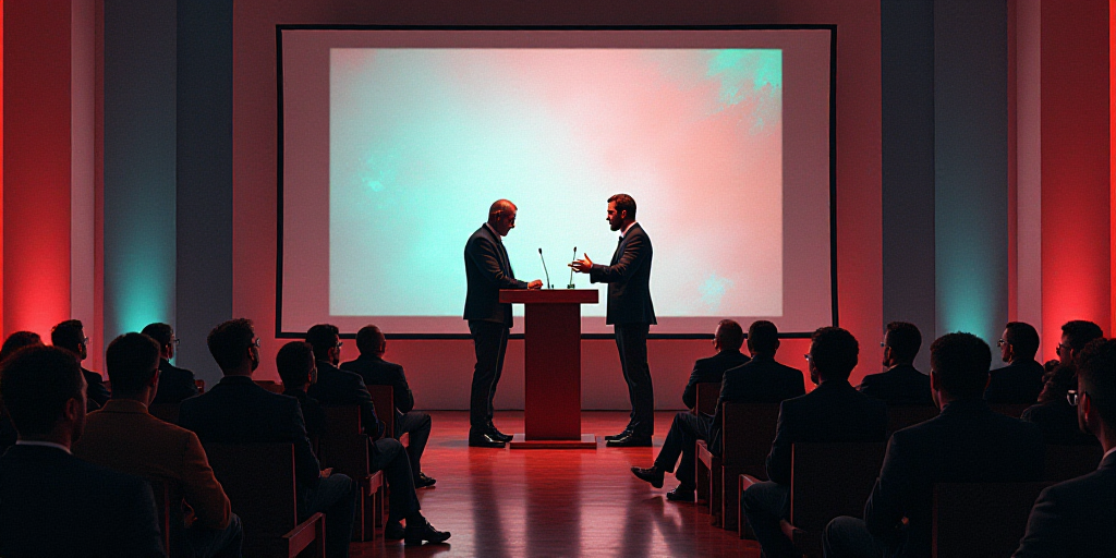 two men standing at a podium talking to each other in front of a screen with a large sign behind the