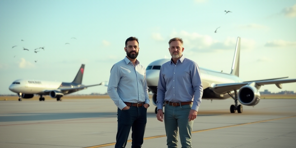 two men standing in front of a plane on a runway with other planes in the background and a sky backg