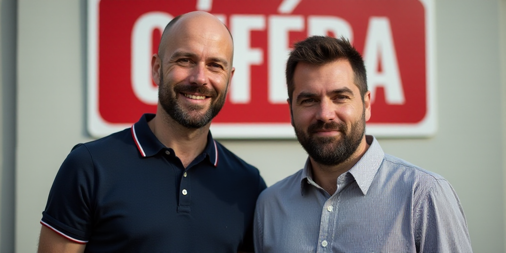 two men standing next to each other in front of a wall with a red and white sign on it, Ceferí Oliv