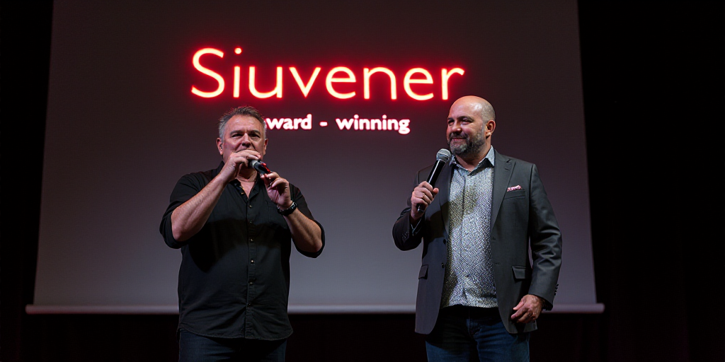 two men standing on a stage with a microphone in their hands and a sign behind them that says souven