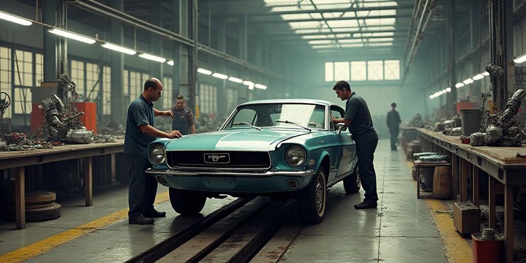 two men working on a car in a factory with other workers nearby on a platform with a car on it, Estu