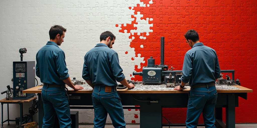 two men working on a machine in a factory with other workers nearby and a red and white wall behind