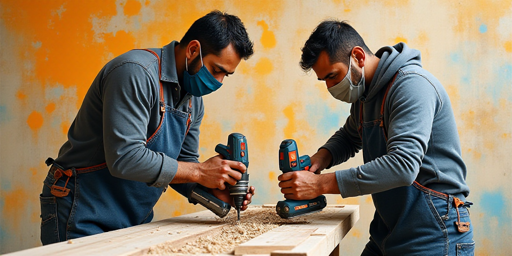 two men working on a piece of wood with a mask on and a cordless drill in his hand, Ahmed Yacoubi, o