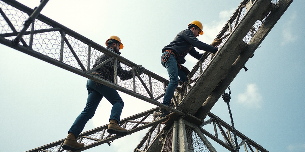 two people climbing up a metal structure with safety equipment on their feet and a helmet on their h