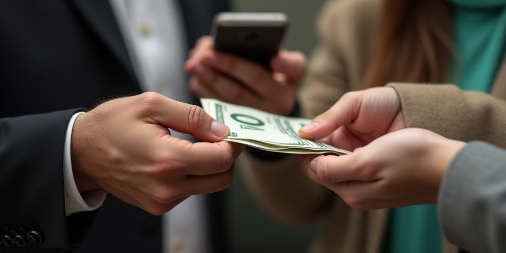 two people exchanging money in their hands with a cell phone in the background, and a woman holding