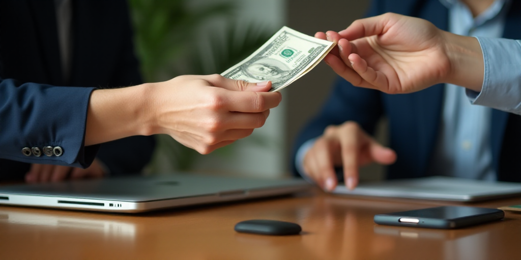 two people exchanging money in their hands on a table with a cell phone and a laptop on it,, Bouchta