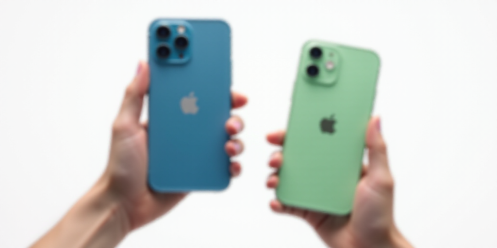 two people holding up two new iphones in their hands, one blue and one green, in front of a white ba