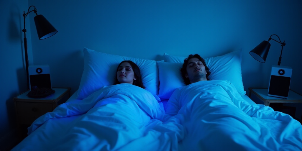 two people laying in bed with a blue light shining on them and a black and white speaker on the wall