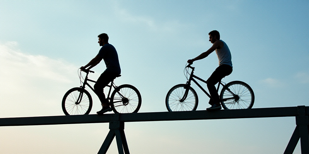 two people on a metal structure with a sky background and a sky background behind them, one of them