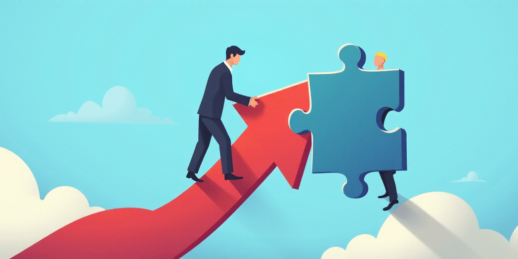 two people pushing a puzzle piece up to the top of a red arrow on a blue background with clouds, And