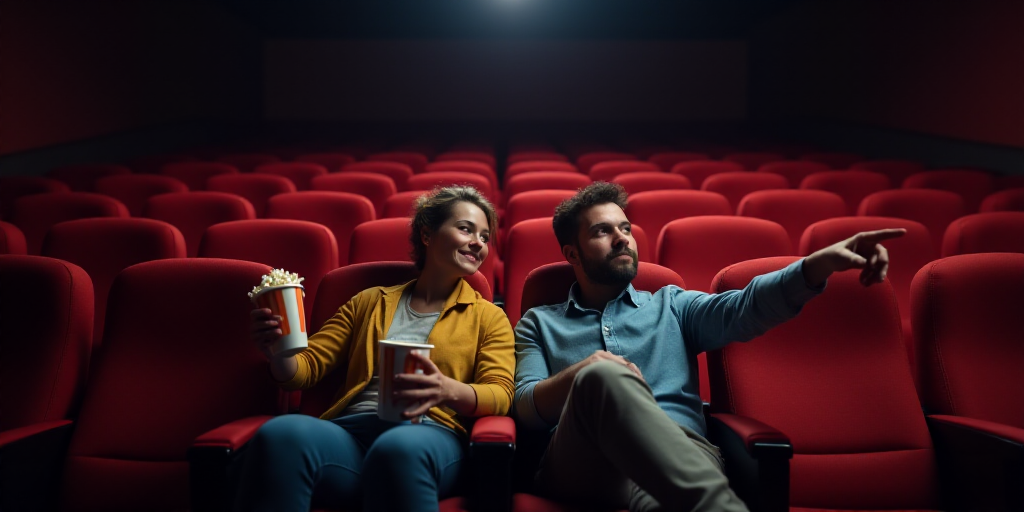 two people sitting in a theater and one is holding a popcorn cup and the other is pointing at someth