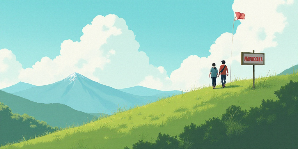 two people walking on a hill with a flag and a sign in the background that says mayodaka, Eiichiro O