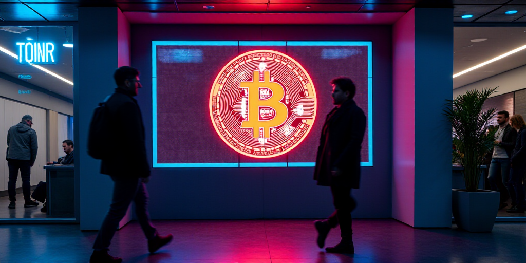 two people walking past a display of a large screen with a bit coin on it in a building with a neon
