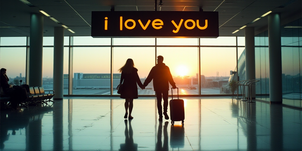 two people walking through an airport with luggage and a sign above them that says, i love you,, Col