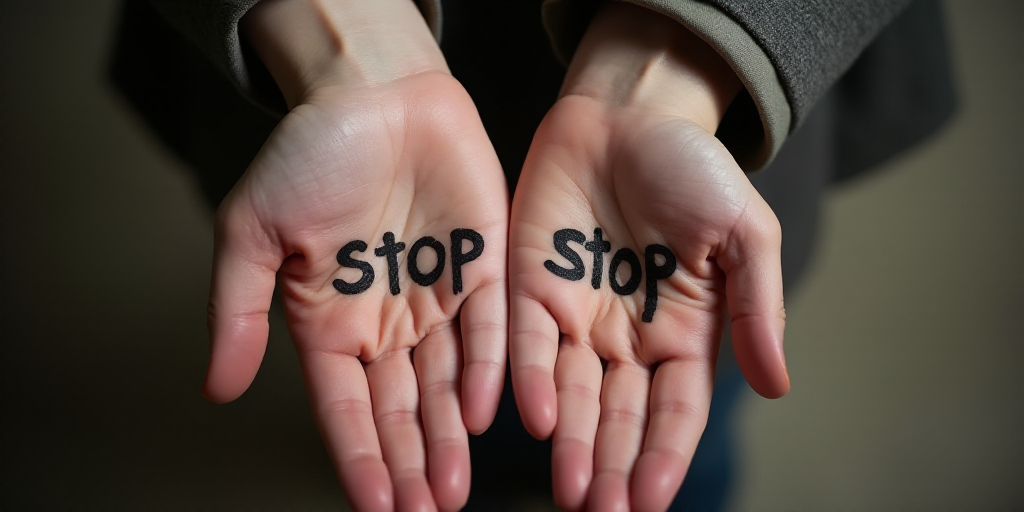 two people with their hands up with the words stop written on their palms and the words stop written